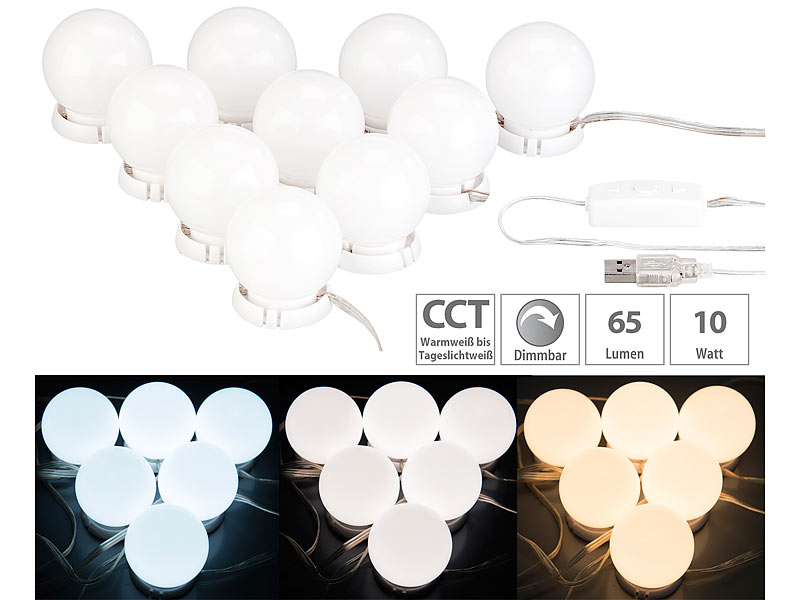 USB-Kabel-Design Make up Licht mit 3M Klebepads Doppelseitig 3 Farbmodi und 20 Helligkeiten Schminktisch für Schminkspiegel Vicloon LED Spiegelleuchte Hollywood Stil 10 Dimmbar Schminklicht