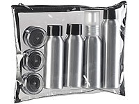Sichler Beauty Reise-Reißverschluss-Tasche mit 7 Alu-Behältern fürs Reisegepäck; 2in1-Mikrofaser-Kosmetiktücher und Reinigungs-Handschuhe 